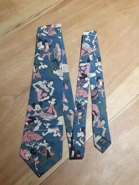 Vintage 1990s Disney Tie Rack 100% Silk Novelty Tie Mickey Goofy Pluto Blue Pink